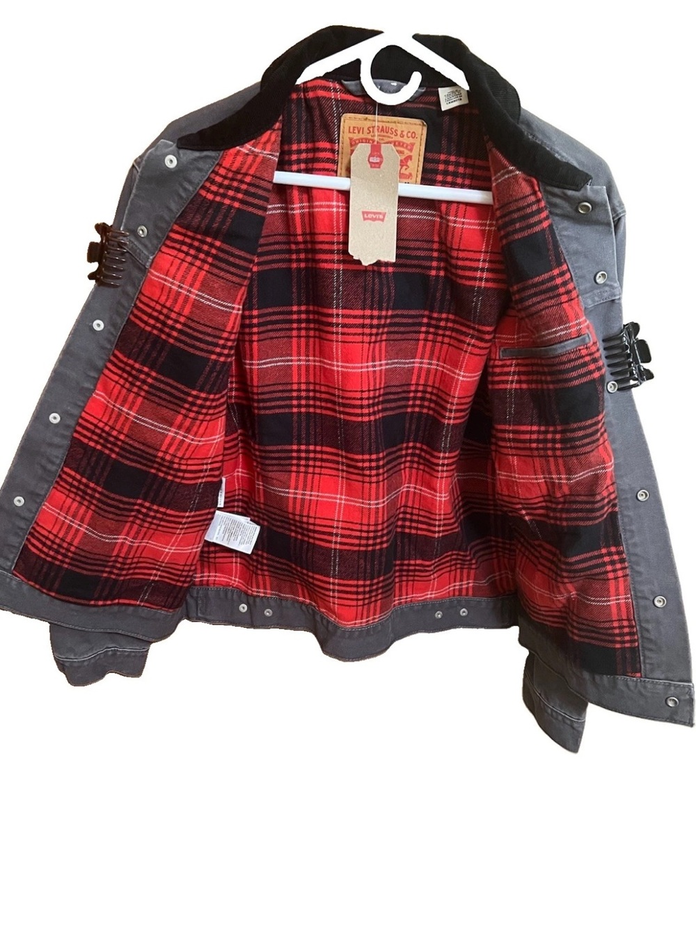 Levi’s NWT Flannel Lined Canvas Trucker Jacket M Grey Corduroy Collar 72890-001
